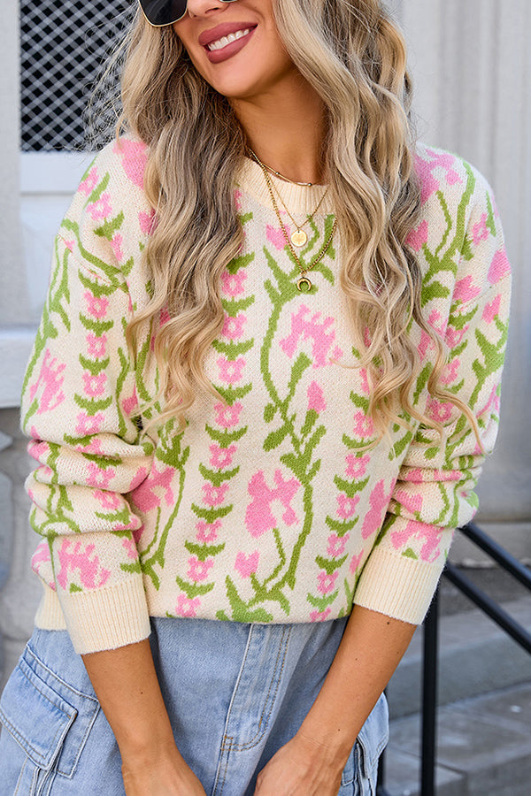 Lady Rin Floral Knitted Crew Neck Sweater for Casual Elegance