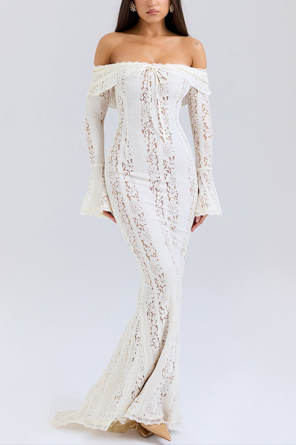 Leila Off Shoulder Floral Lace Flared Sleeve Fishtail Maxi Dress - View 7