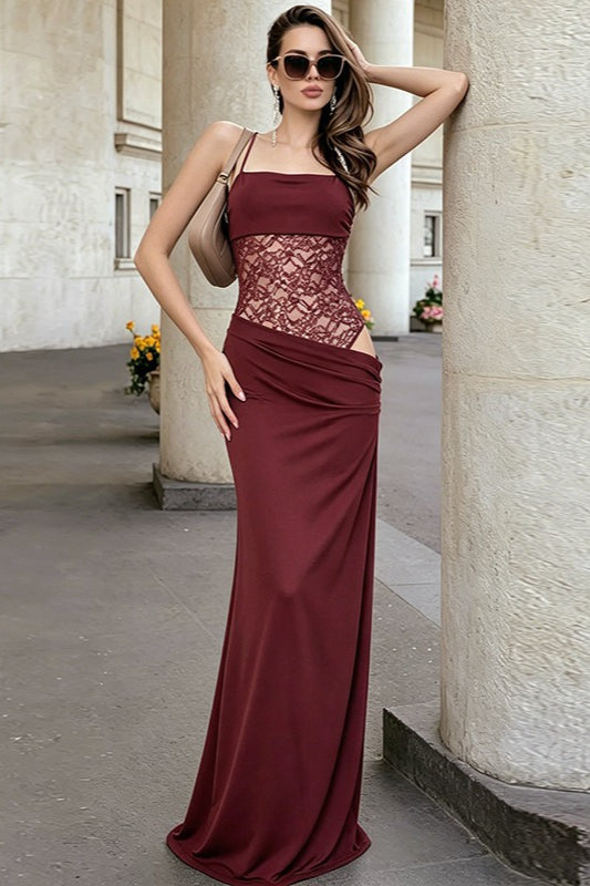 Straight-Neck Spaghetti Strap Lace Corset Bodycon Maxi Dress
