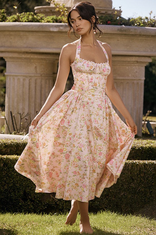 Elegant Strapless Printed Maxi Floral Dress