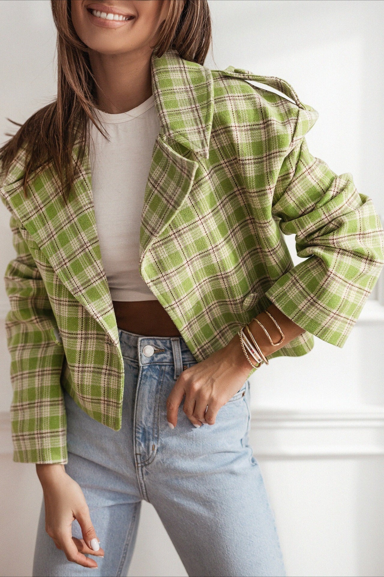 Stylish Plaid Wool Blend Blazer Coat for Elegant Outfits