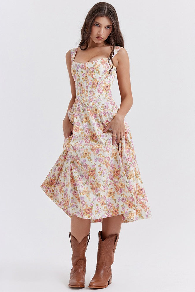 Floral Print Sweetheart Corset A-Line Midi Dress
