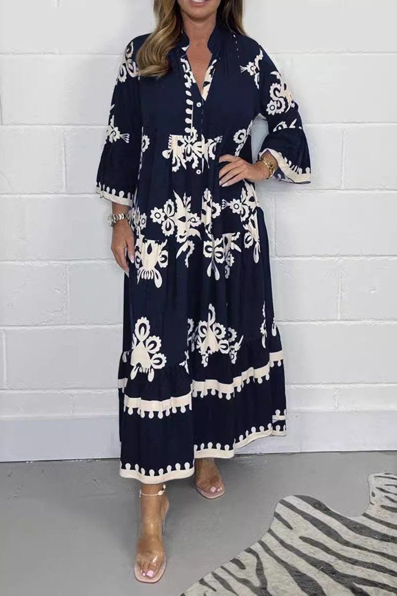 Floral Print Band Collar Puff Sleeve Tiered Maxi Dress