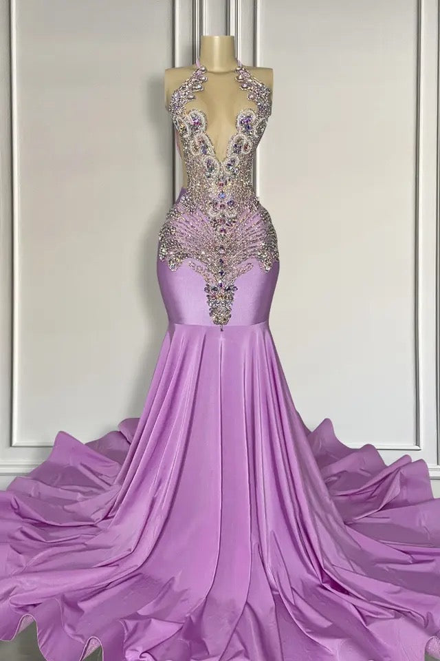 Fabulous Long Lilac Sleeveless Halter Mermaid Formal Dresses With Beads - Fashionpara