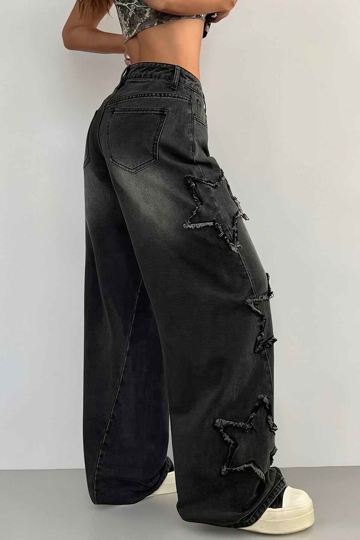 Star Patch High Rise Wide Leg Jeans