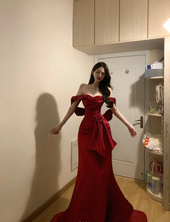 Pretty Red Off The Shoulder Satin Mermaid Long Evening Dress Formal Guest Dress D850