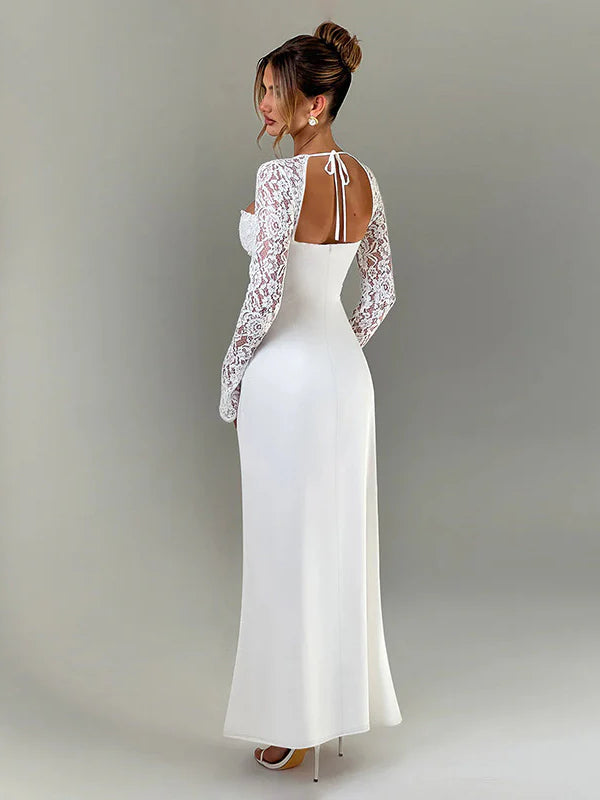 Lace Insert Long Sleeve Split Slim Fit Party Dress
