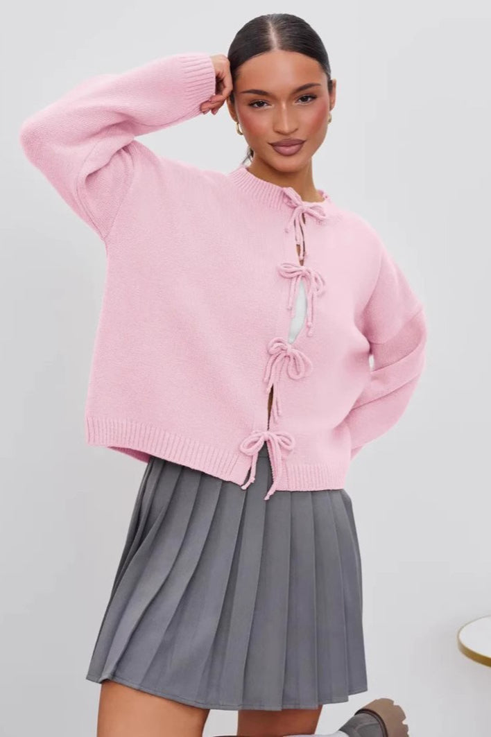 Tie Front Crew Neck Relaxed Knit Cardigan 4