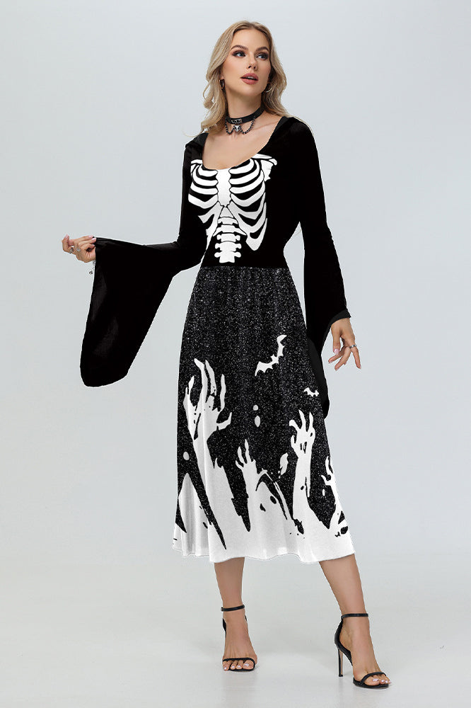 Witch Hooded Skeleton Spider Print Maxi Dress