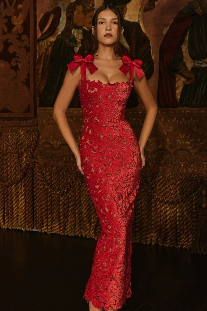 Sexy Hollow Out Slim Bow Lace Up Sleeveless Floral Dress