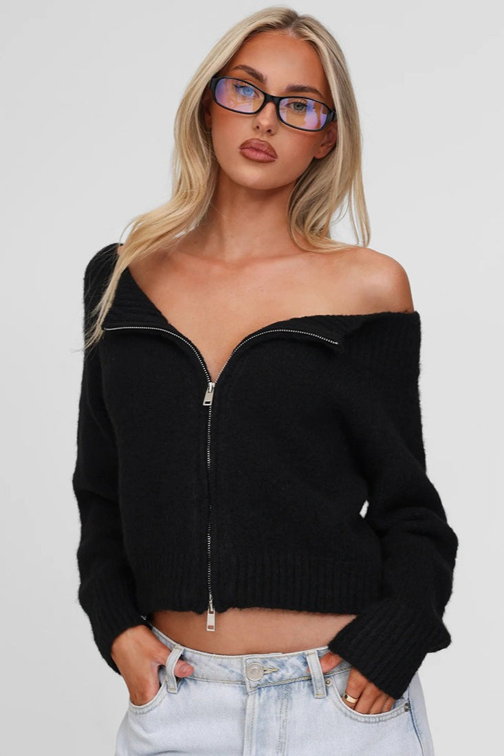 Retro Off-Shoulder Double-Zip Slim Knit Cardigan for Style