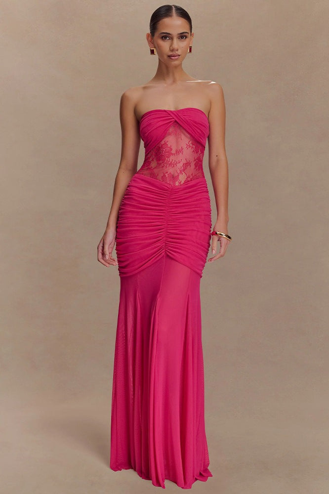 Strapless Lace Panel Ruched Mermaid Gown