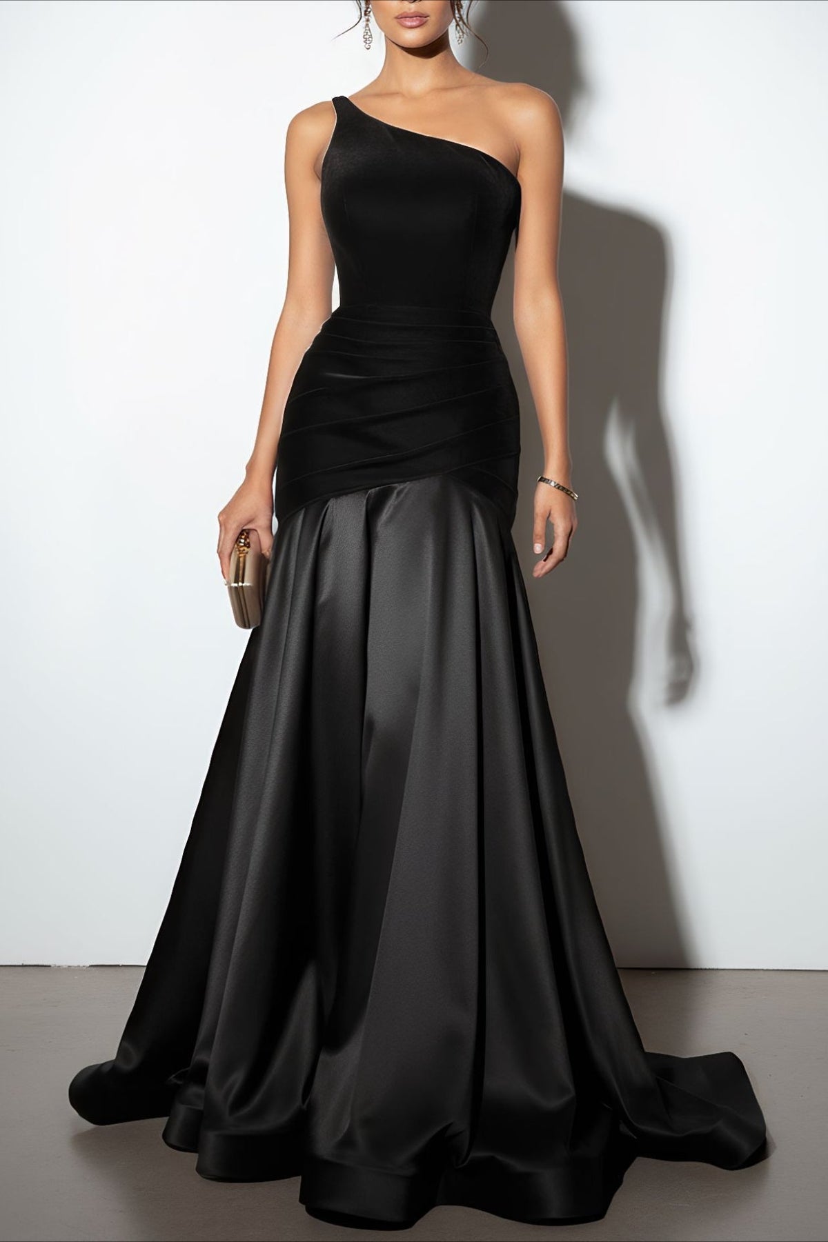 One-Shoulder Velvet Ruched Satin Mermaid Gown