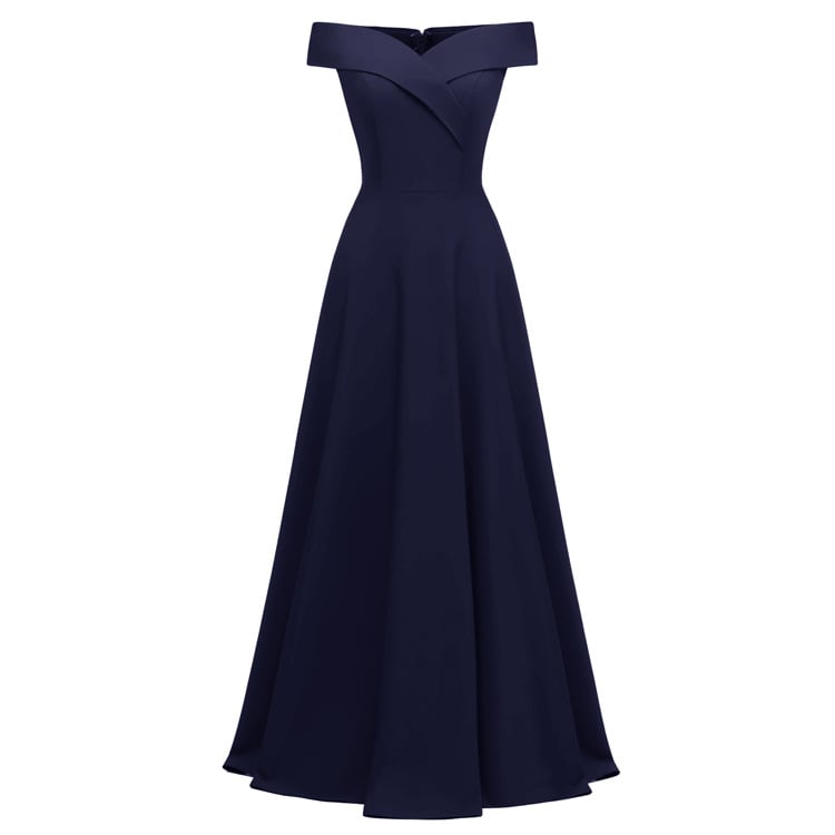 Off Shoulder Box Pleat Fitted Waist A-Line Maxi Formal Gown - View 3