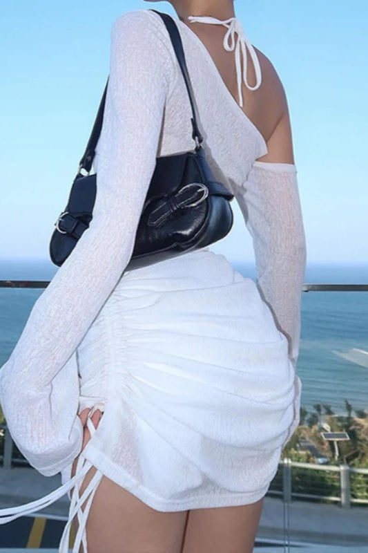 Skew Collar Ruched Mini Dress