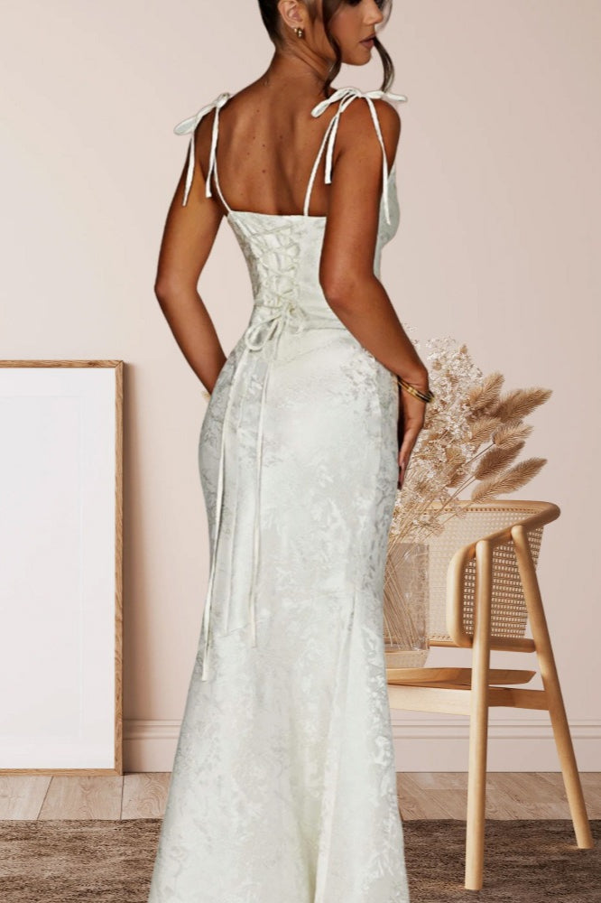 Jacquard Square Neck Tie Strap Mermaid Maxi Dress