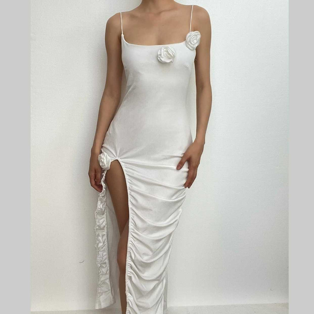 Square Neck Spaghetti Strap Flower Applique Ruched Maxi Dress