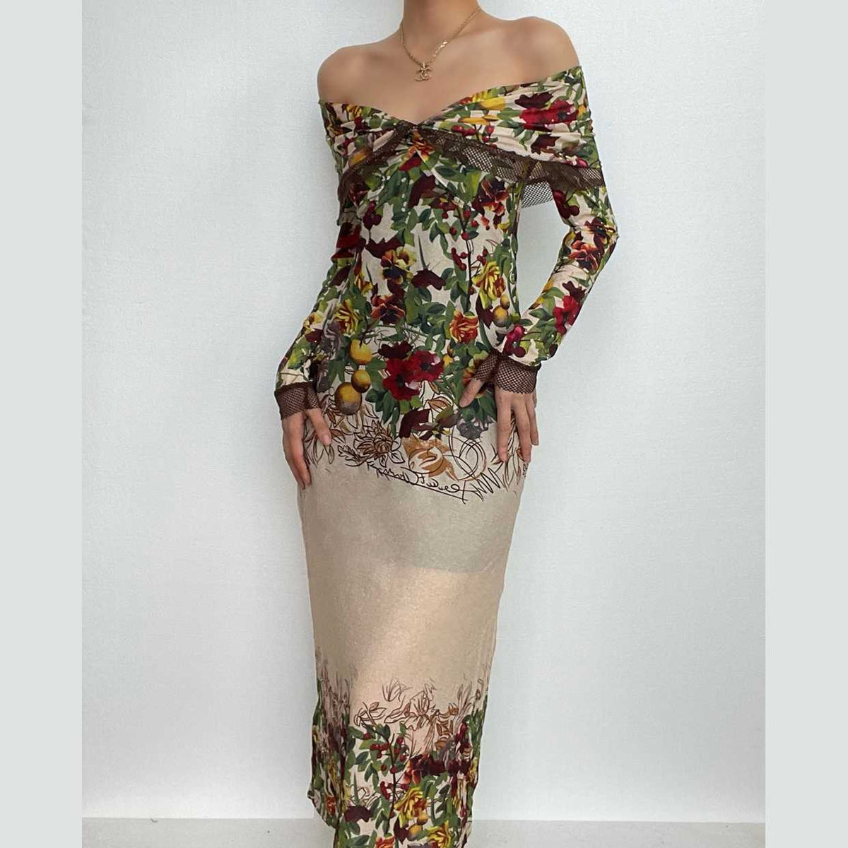 Floral Off Shoulder Long Sleeve Ruched Mesh Bodycon Midi Dress