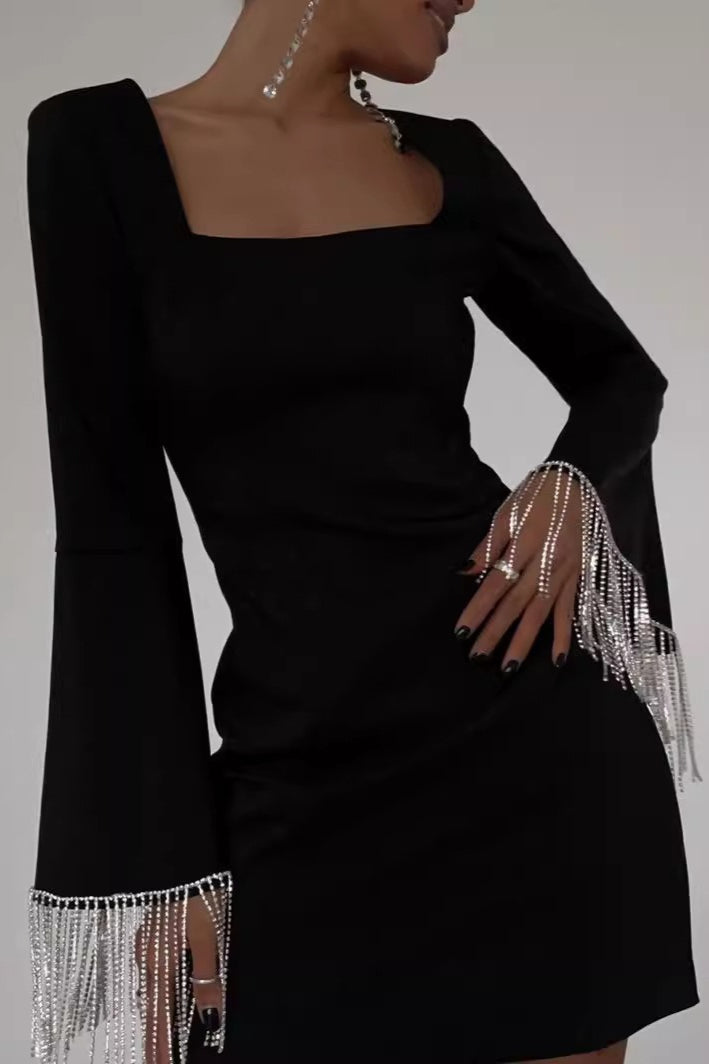 Rhinestone Fringe Bell Sleeve Square Neck Bodycon Mini Cocktail Dress