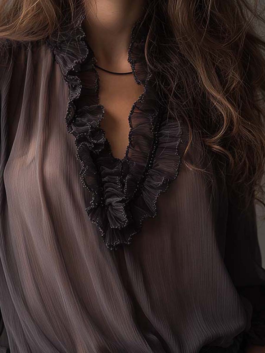 Smoky Charcoal Ruffled Chiffon Blouse