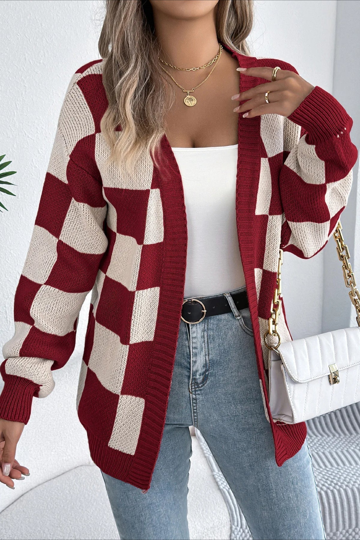 Plaid Knit Casual Loose Cardigan Red / S