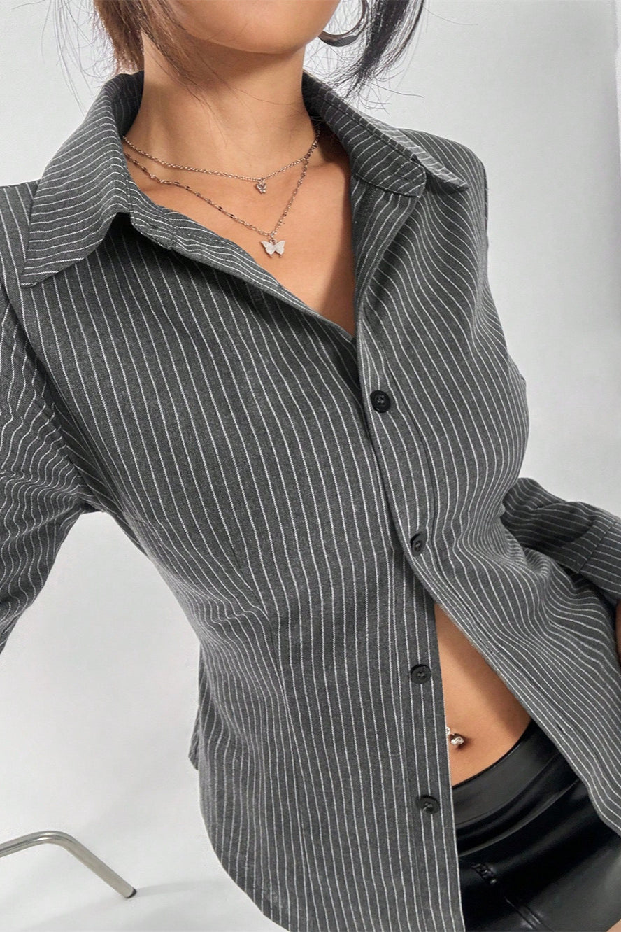 Button Striped Long Sleeve Cardigan Blouse for Stylish Comfort