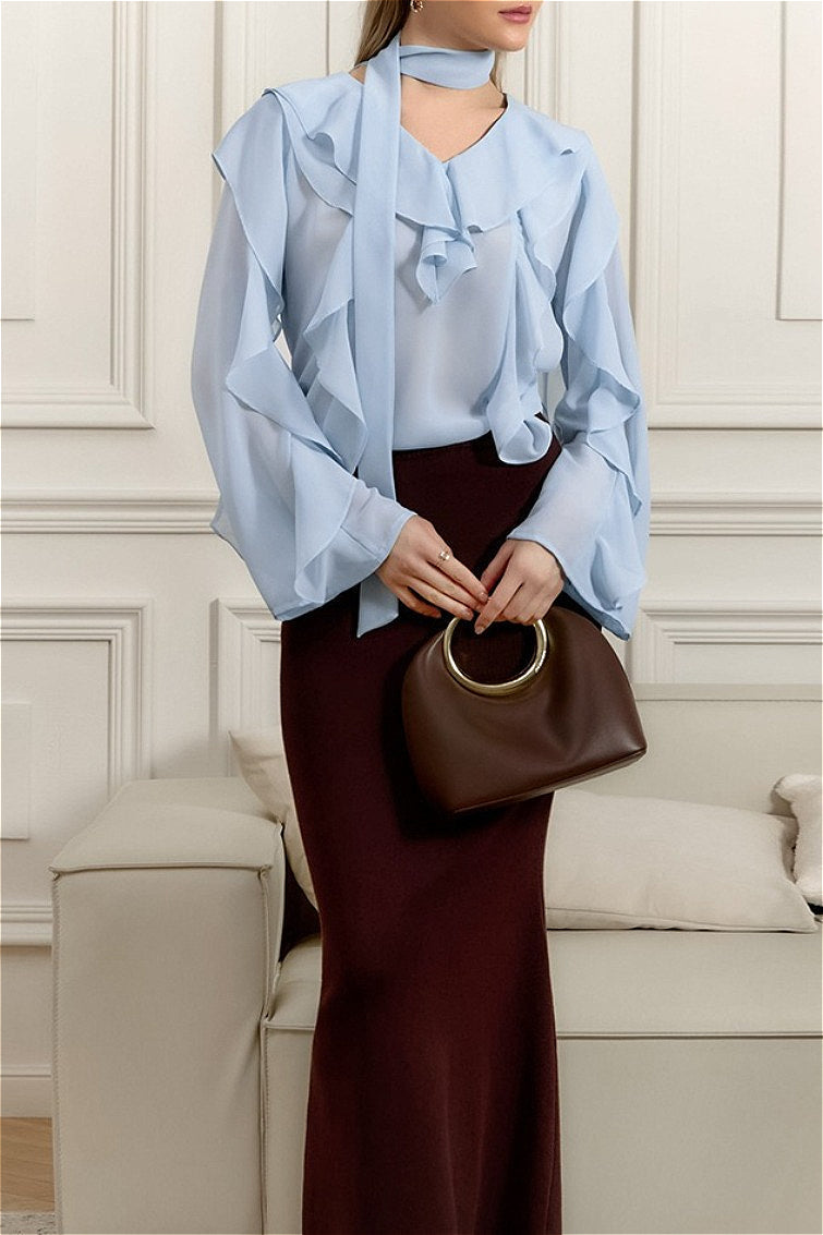 Elegant Solid Chiffon Ruffled Tie Blouse