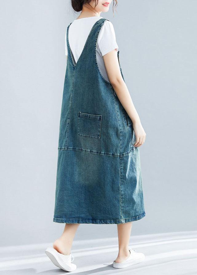 Denim Lace Patchwork Bib Strap Pinafore Midi Dress - View 4