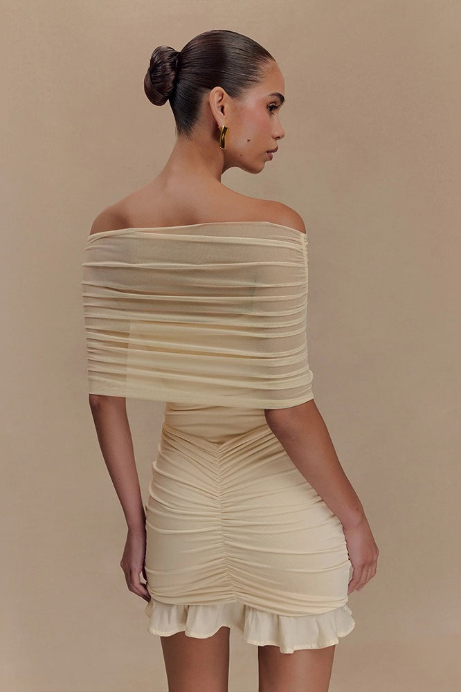 Foldover Off-Shoulder Ruched Bodycon Mini Dress