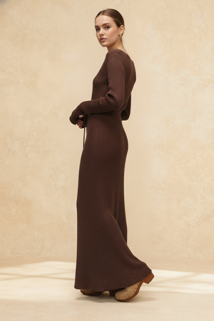 V-Neck Long Sleeve Knit Sweater Dress