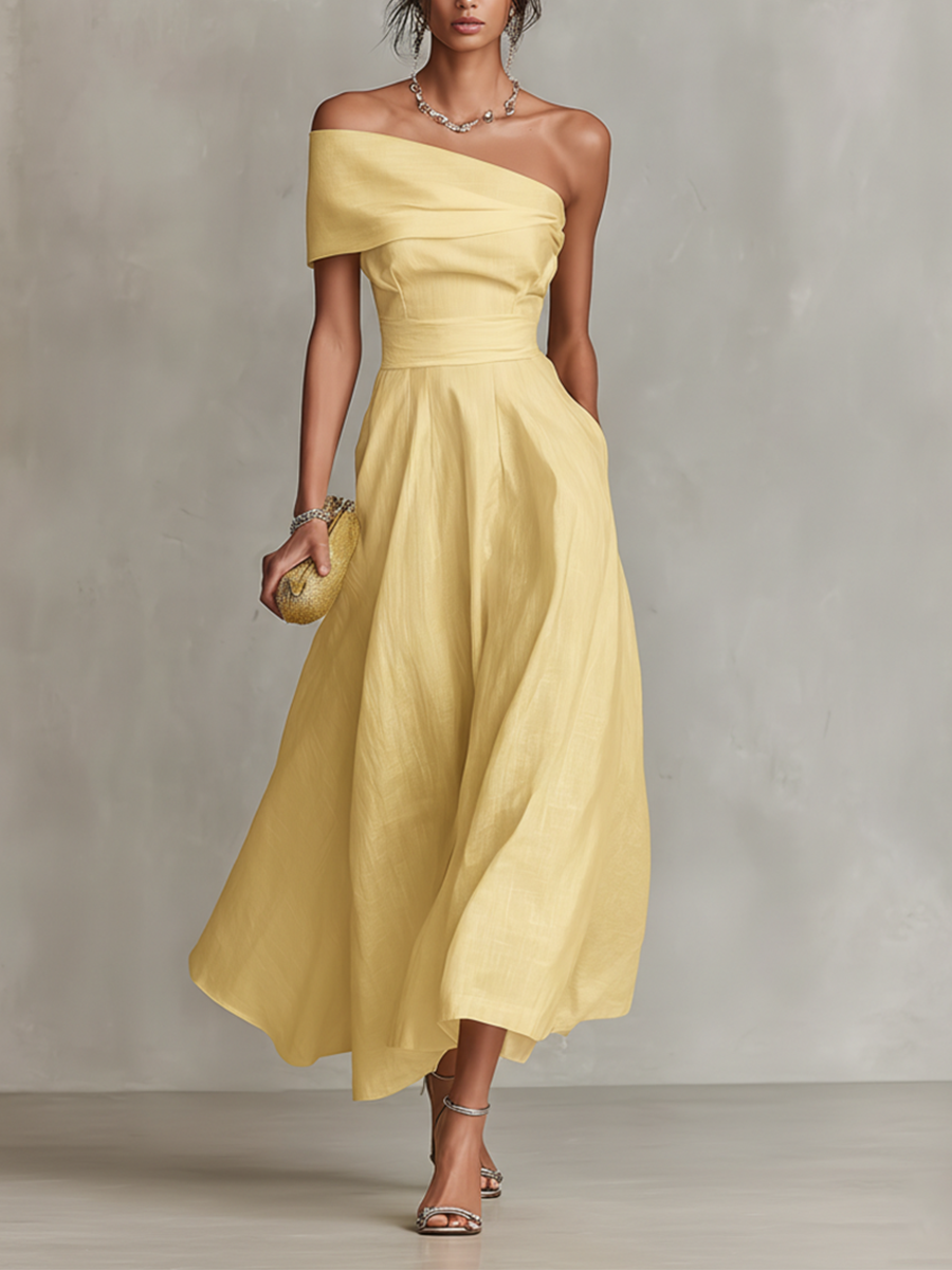 One Shoulder Pleated A-Line Midi Dress