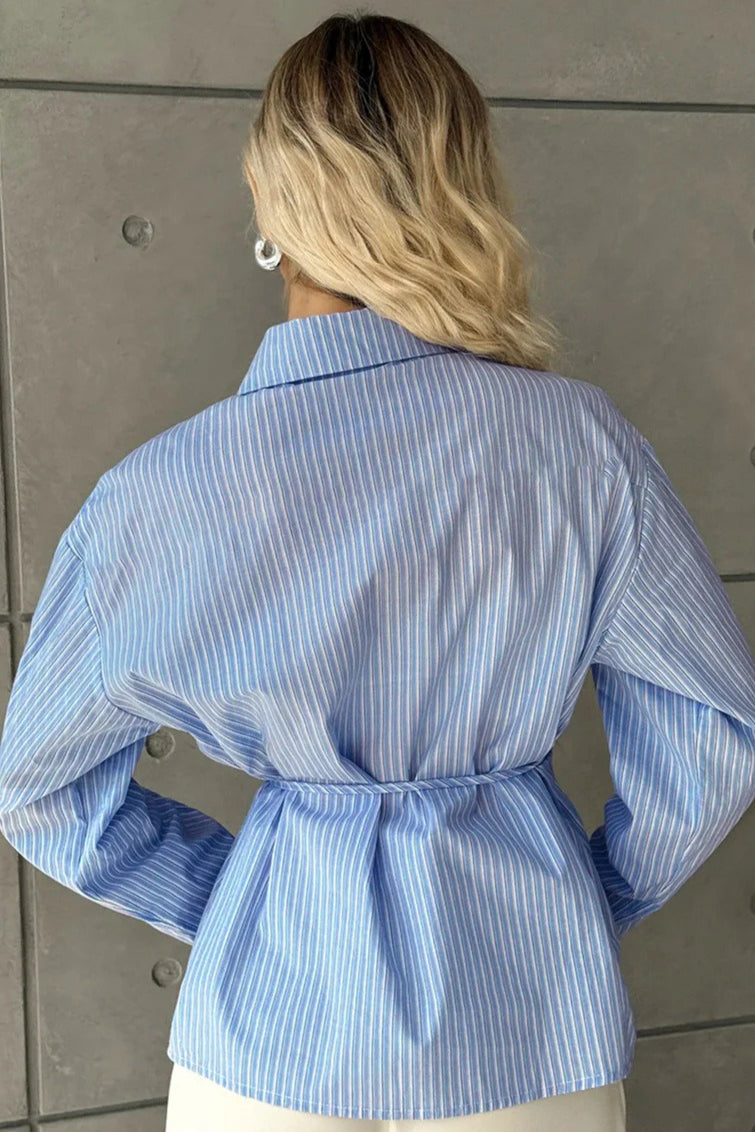 Ruffled Striped Tie Waist Blouse