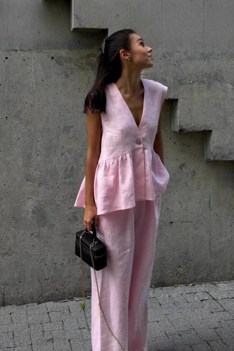 Cotton V Neck Sleeveless Vest Pants Two Piece Set