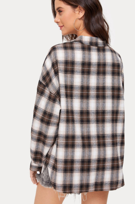 Plaid Stand Collar Button Shirt  Blouse
