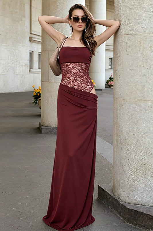 Straight-Neck Spaghetti Strap Lace Corset Bodycon Maxi Dress