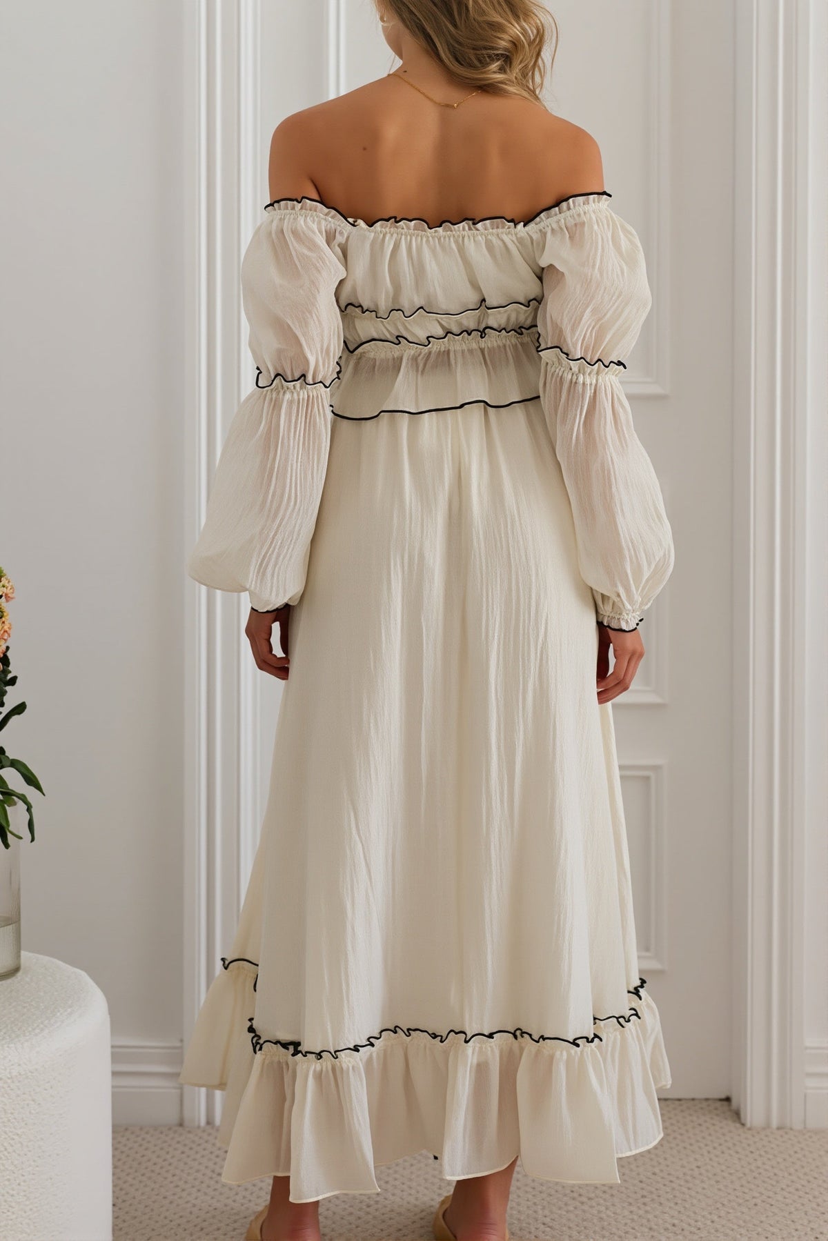 Apricot Off Shoulder Puff Sleeve Skirt Set