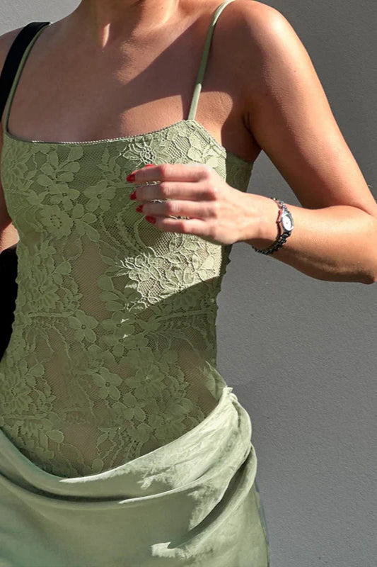 Lace Slim Fit Spaghetti Strap Ruched Maxi Dress