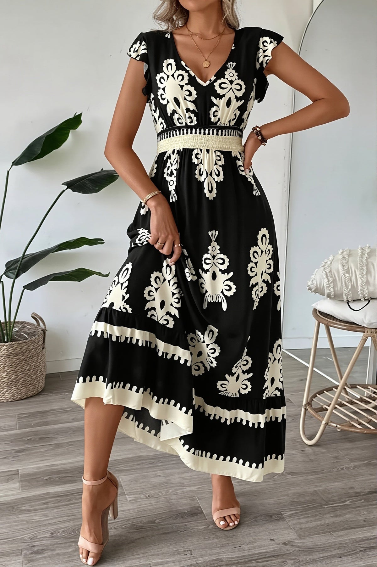 Baroque Print V-Neck Flutter Sleeve Midi Dress
