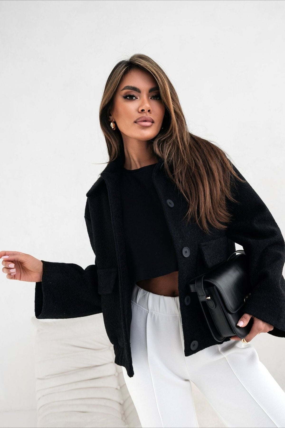 Solid Wool Pocket Elastic Snap Coat 9