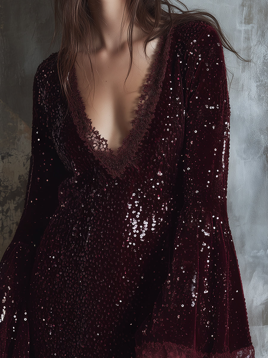 Quiet Luxury Party Sequined Lace Trumpet Sleeve Mini Dress - Fashionpara