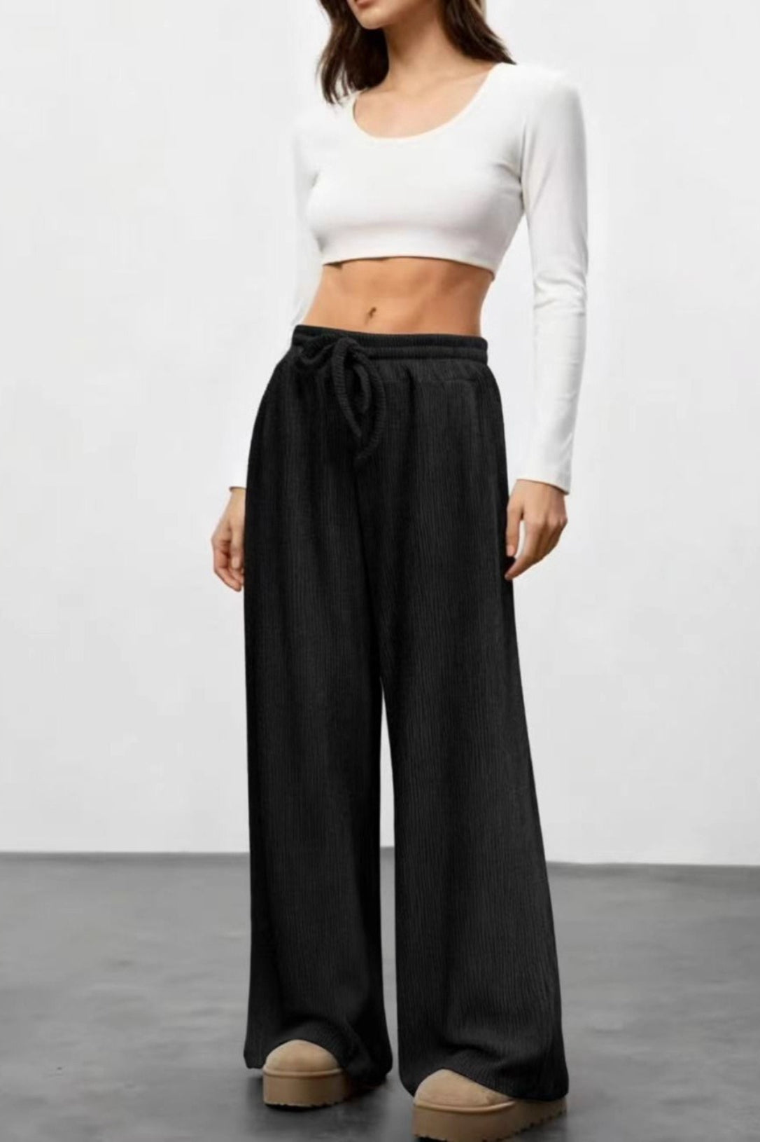 Ribbed Drawstring High Waist Straight Leg Casual Pants