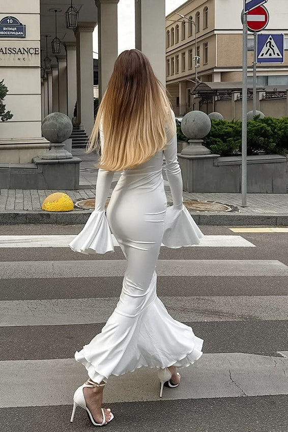 Ruffled V-neck Flare Sleeve Midi Dress