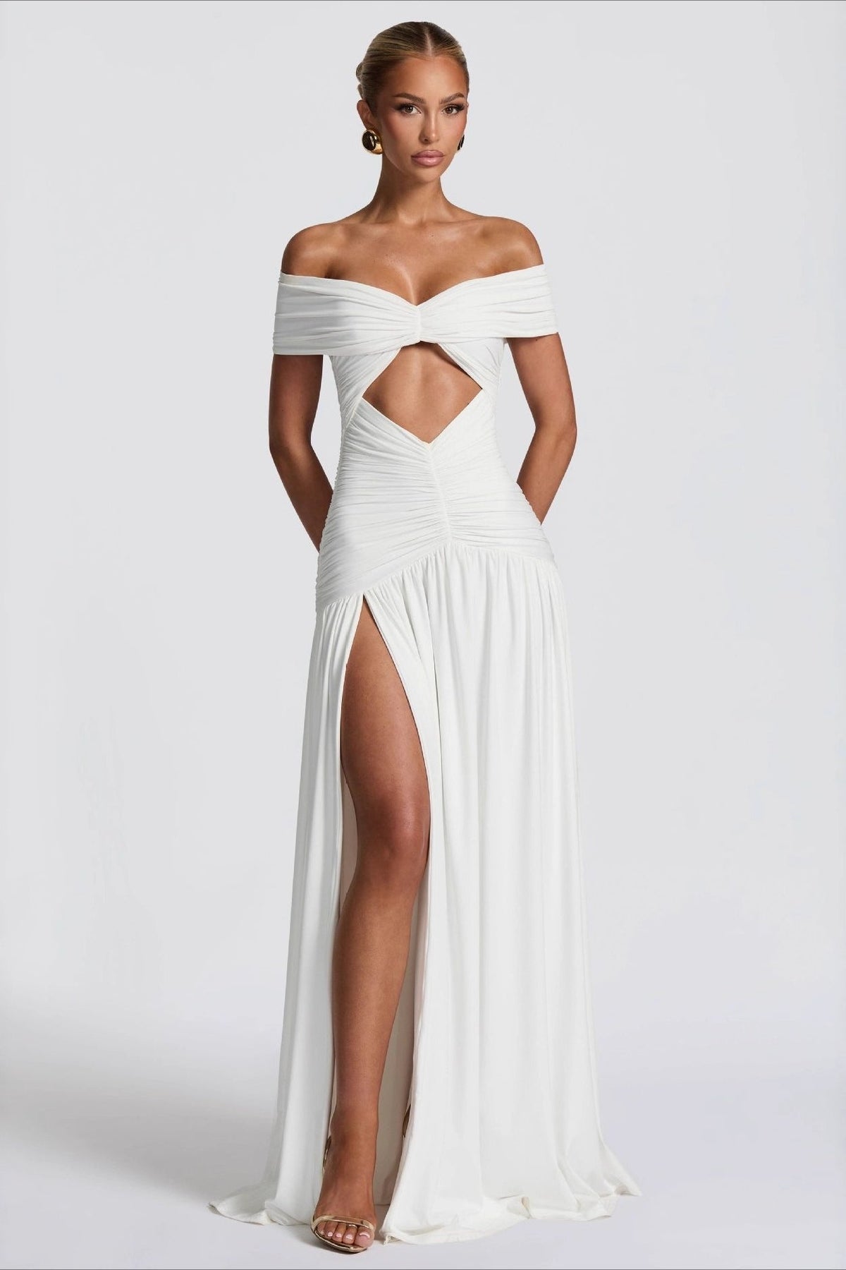 Off Shoulder Ruched Cut Out High Split A-Line Maxi Gown - View 4