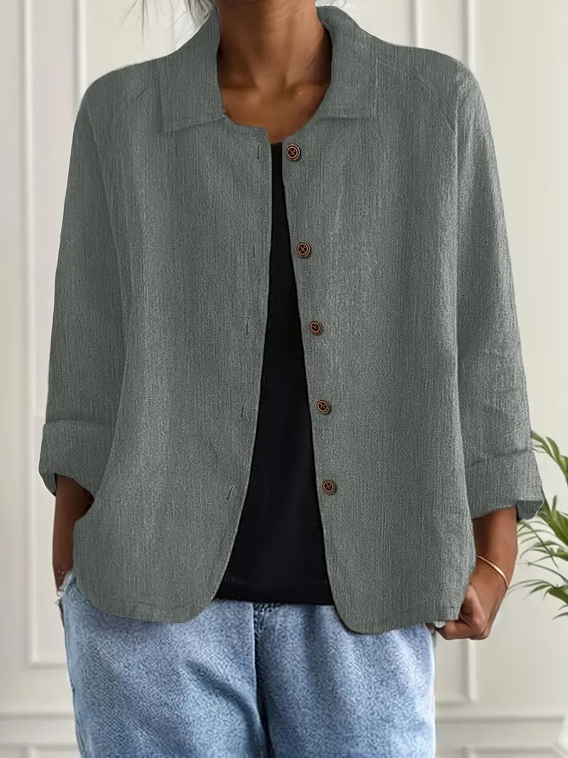 Collared Long Sleeve Button Front Linen Look Shirt 14