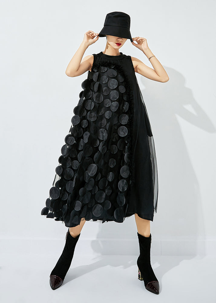 3D Circle Appliqué Asymmetric Drape High Neck Mesh Midi Dress - View 4