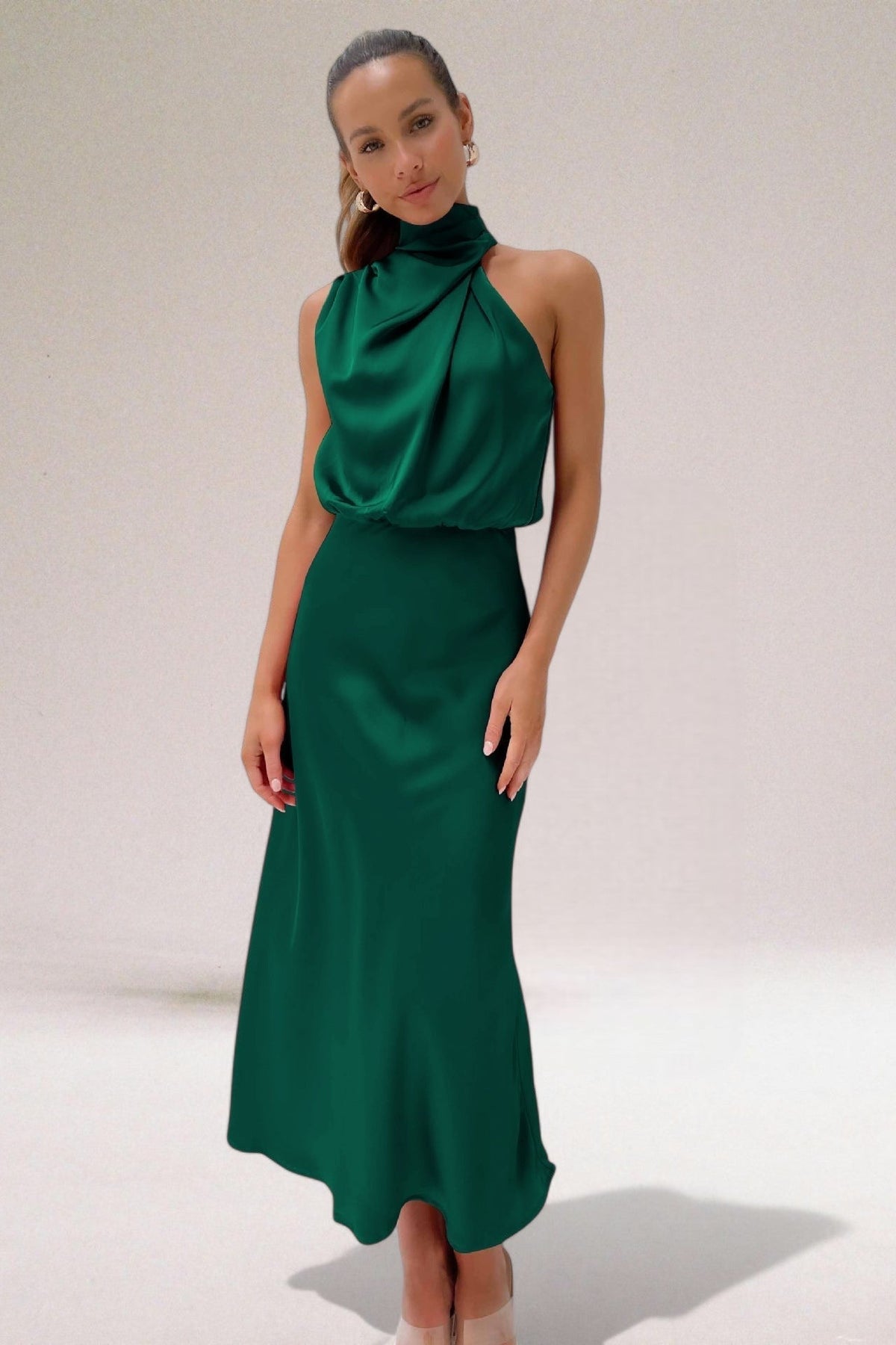 Satin High Neck One Shoulder Draped Maxi Dress 6