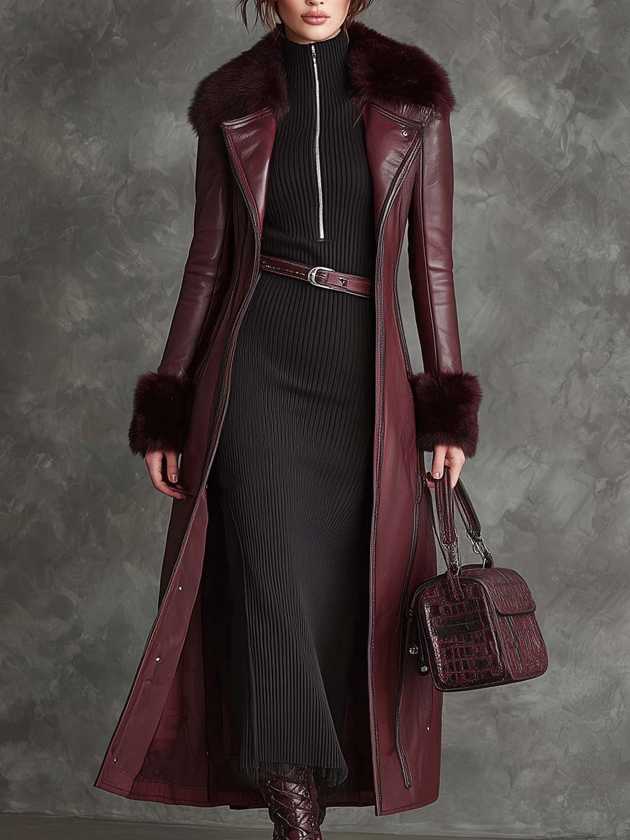 Wine Red Eco-Leather Long Coat With Faux Fur Collar & Cuffs - Fashionpara