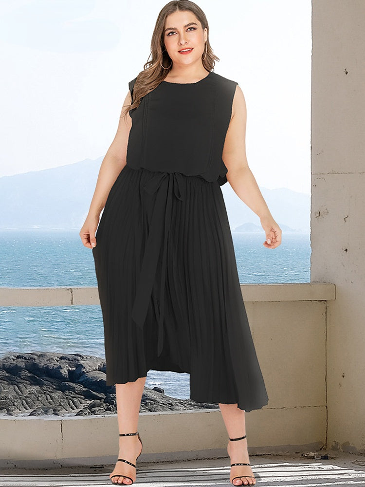 Round Neck Bow Loose Pleated Casual Dresses 3