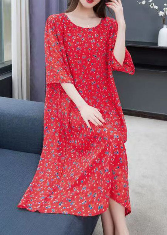 Ditsy Floral Print Chiffon Round Neck A-Line Midi Dress - View 3