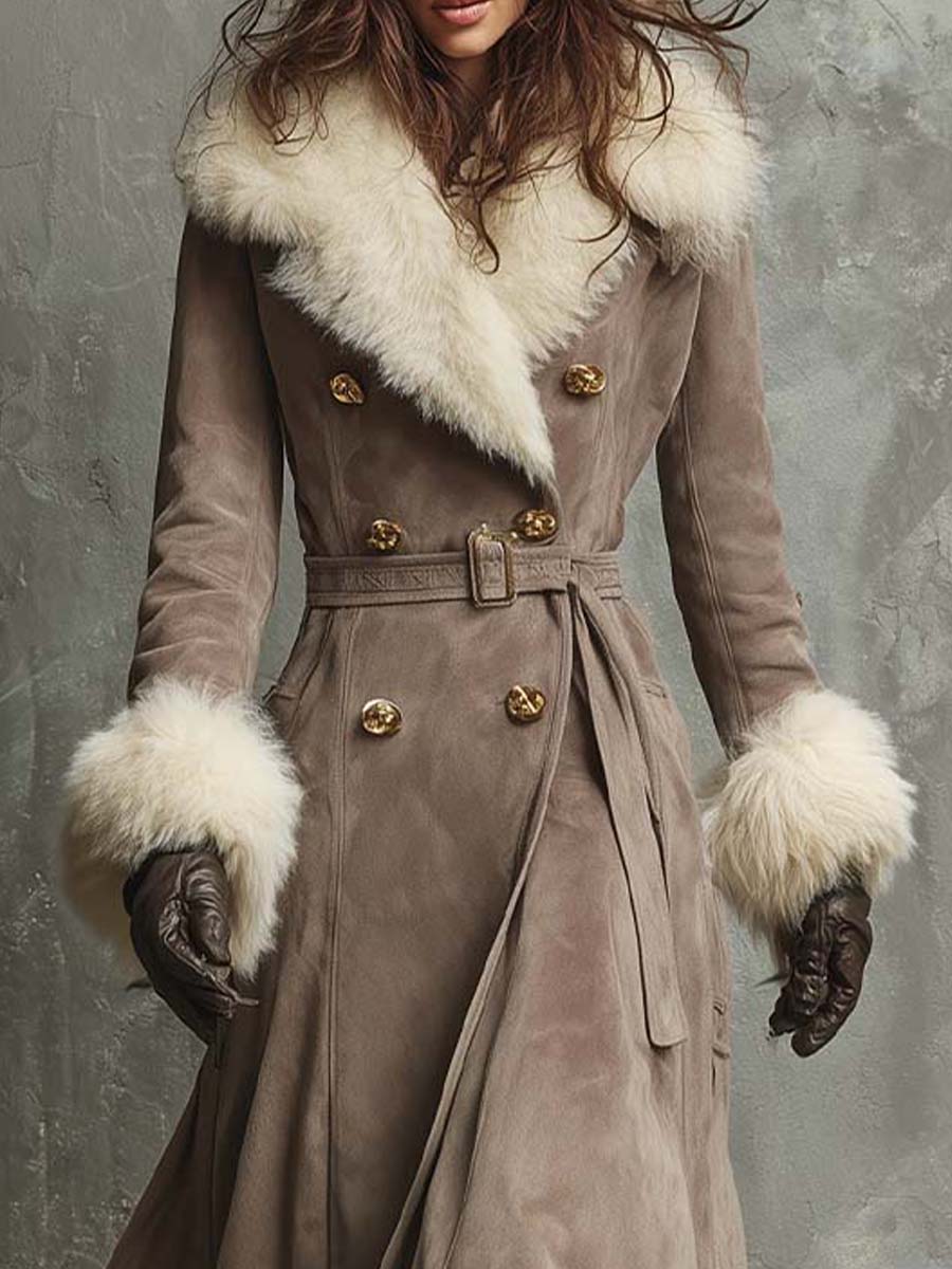 Long Suede Trench Coat With Faux Fur Collar & Cuffs – Mocha Taupe